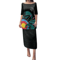 Personalised New Zealand Archery Family Matching Puletasi and Hawaiian Shirt Turquoise Maori Silver Fern