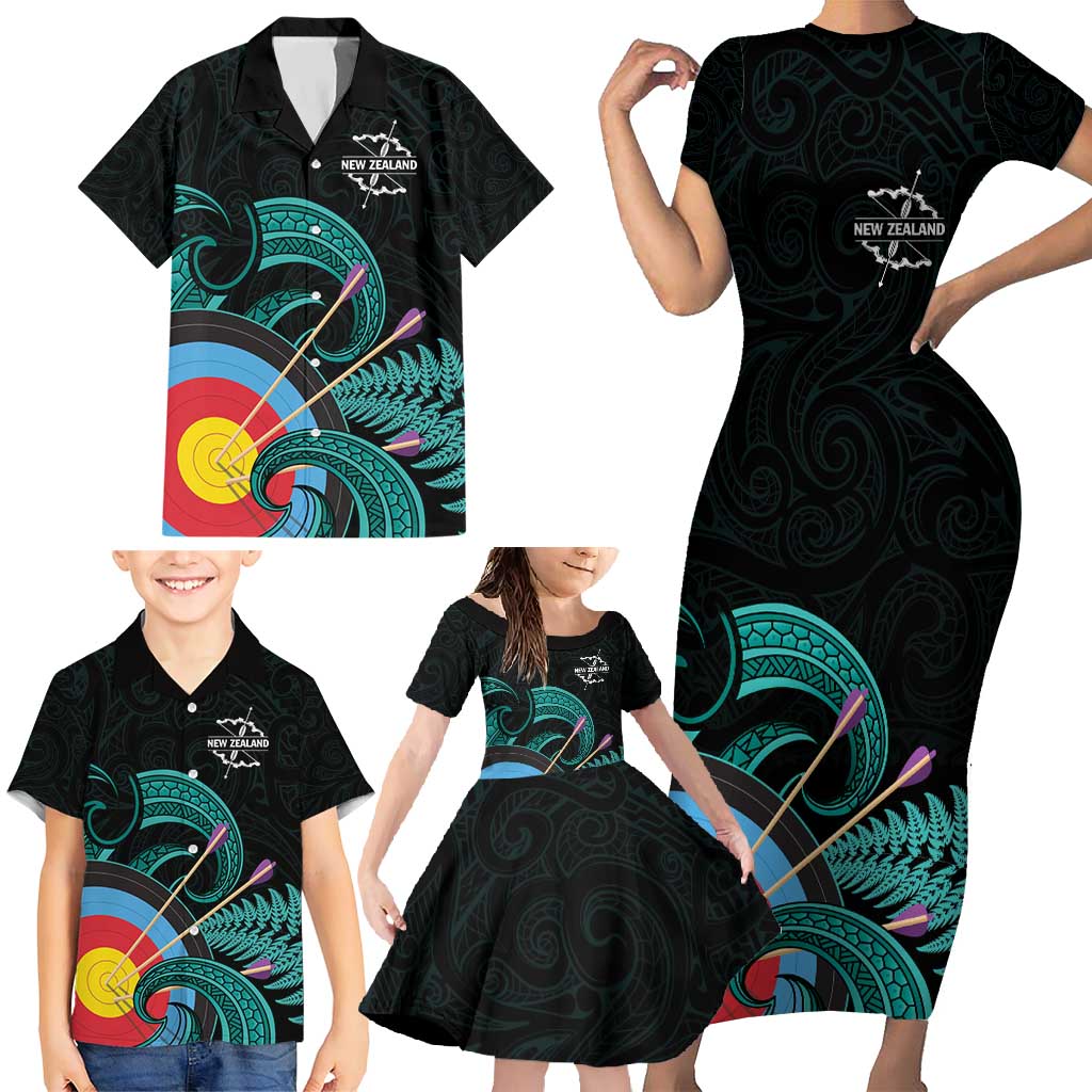 Personalised New Zealand Archery Family Matching Short Sleeve Bodycon Dress and Hawaiian Shirt Turquoise Maori Silver Fern