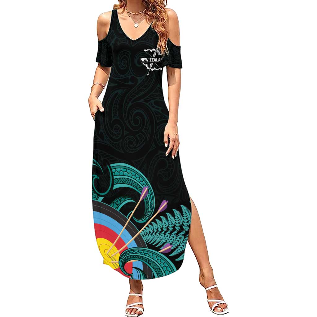 Personalised New Zealand Archery Family Matching Summer Maxi Dress and Hawaiian Shirt Turquoise Maori Silver Fern