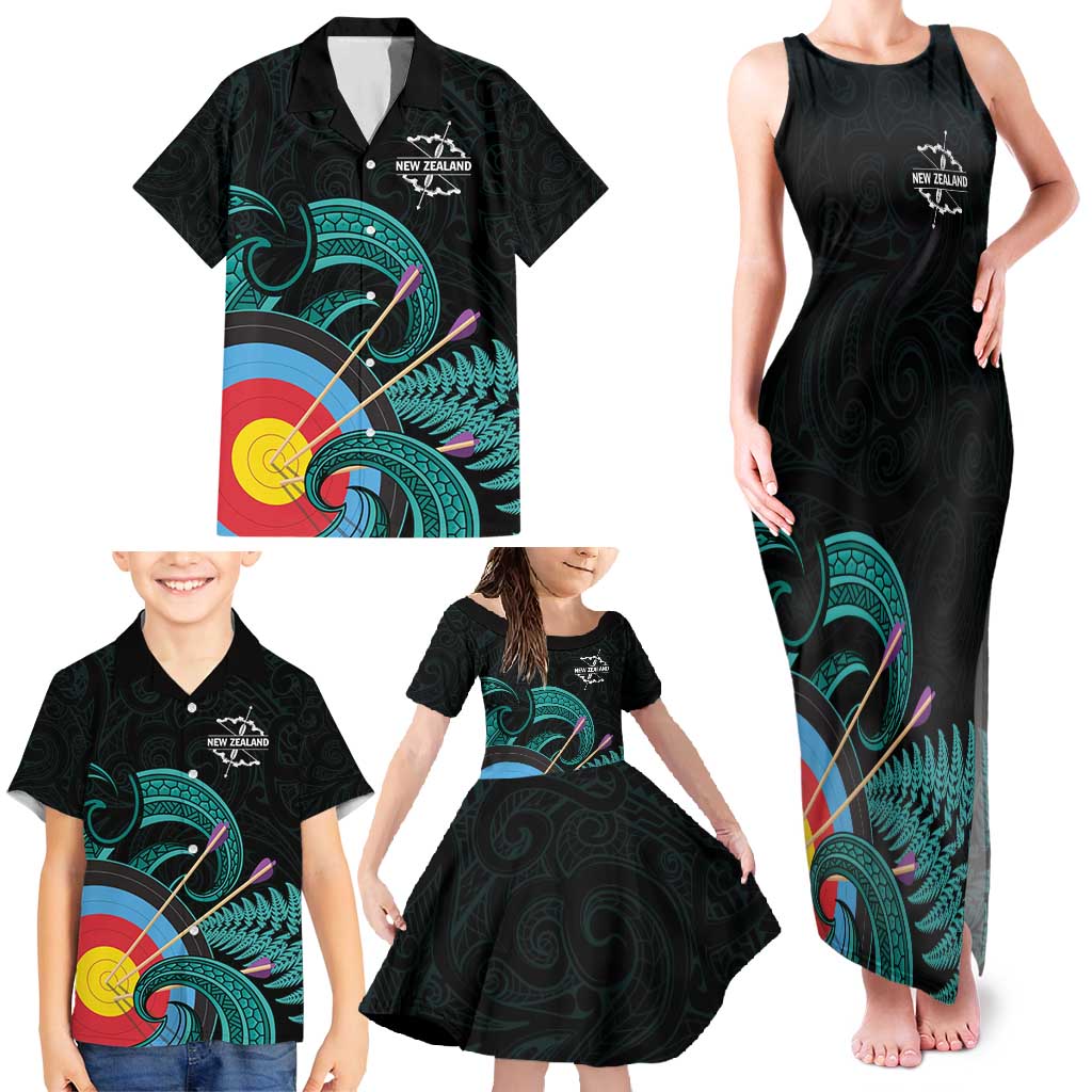 Personalised New Zealand Archery Family Matching Tank Maxi Dress and Hawaiian Shirt Turquoise Maori Silver Fern