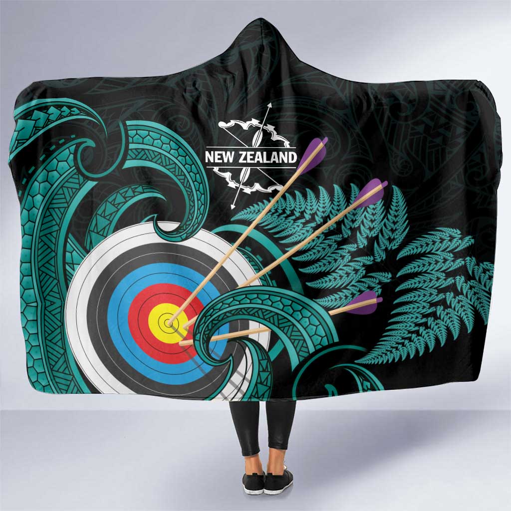 New Zealand Archery Hooded Blanket Turquoise Maori Silver Fern