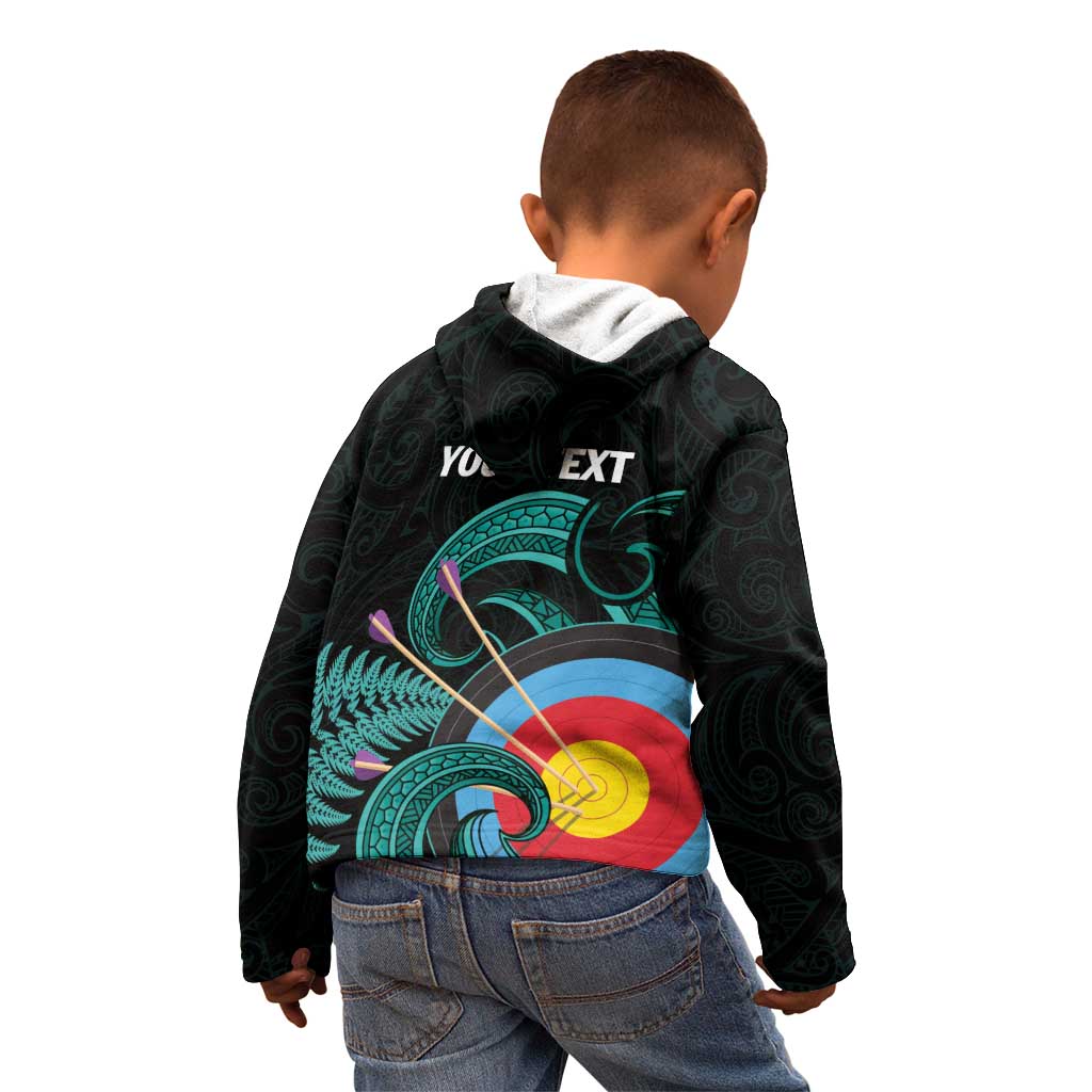 Personalised New Zealand Archery Kid Hoodie Turquoise Maori Silver Fern