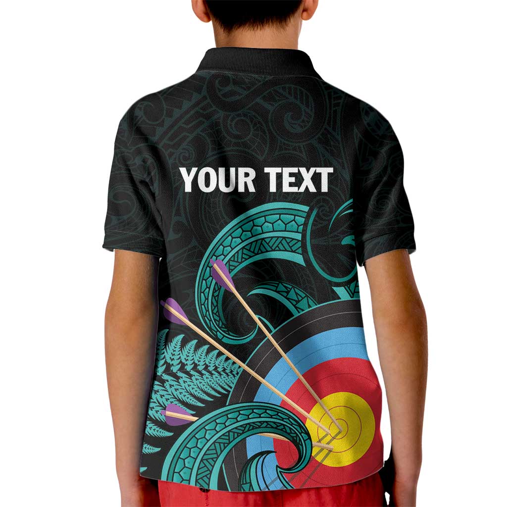 Personalised New Zealand Archery Kid Polo Shirt Turquoise Maori Silver Fern