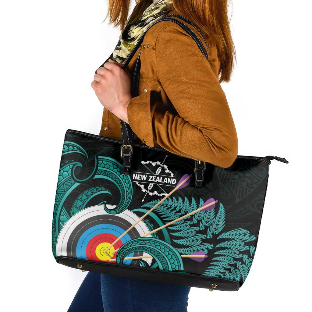 New Zealand Archery Leather Tote Bag Turquoise Maori Silver Fern