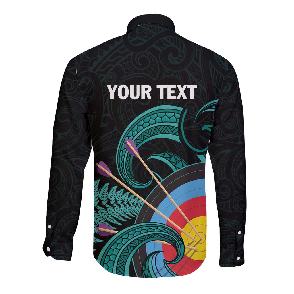 Personalised New Zealand Archery Long Sleeve Button Shirt Turquoise Maori Silver Fern