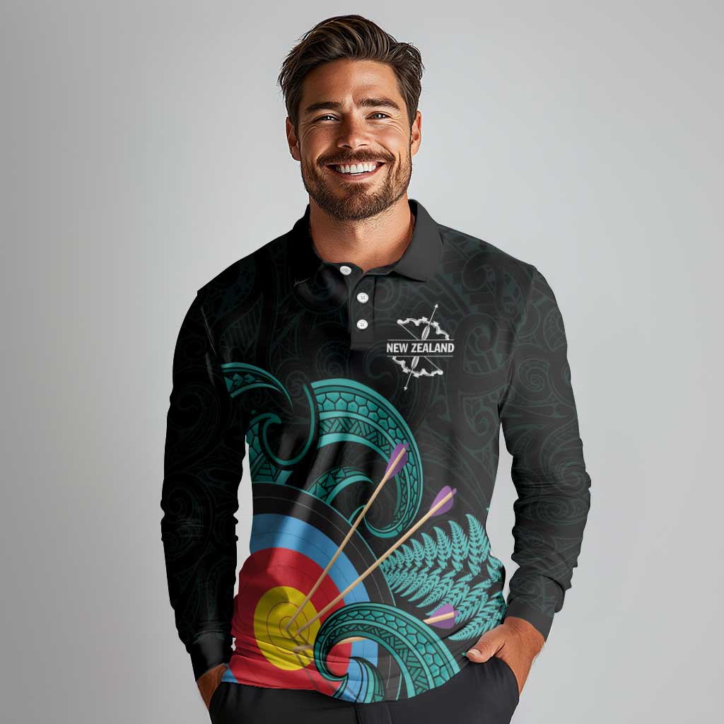 Personalised New Zealand Archery Long Sleeve Polo Shirt Turquoise Maori Silver Fern