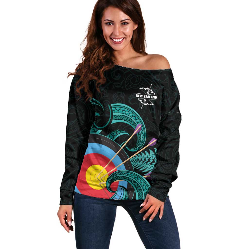 Personalised New Zealand Archery Off Shoulder Sweater Turquoise Maori Silver Fern