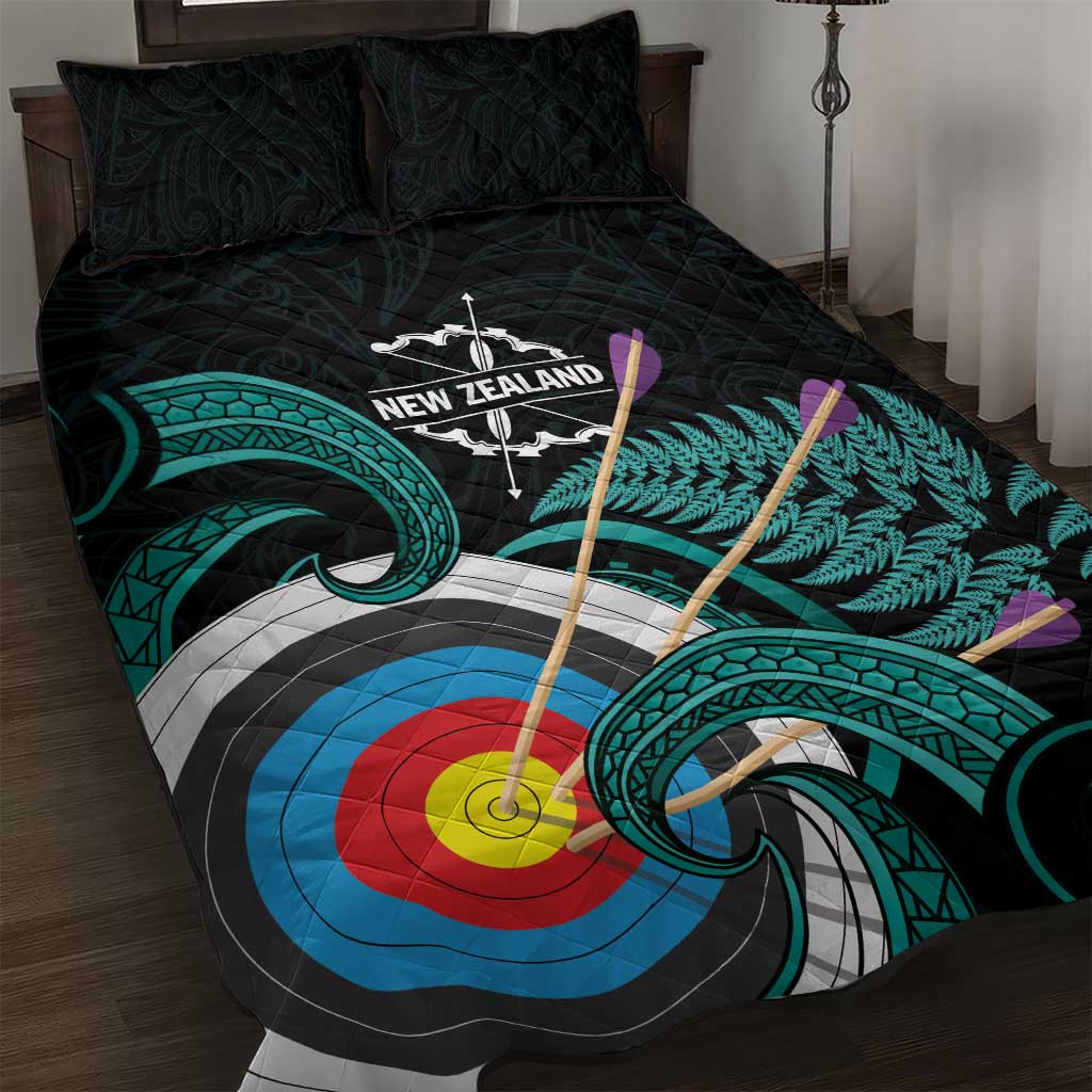 New Zealand Archery Quilt Bed Set Turquoise Maori Silver Fern