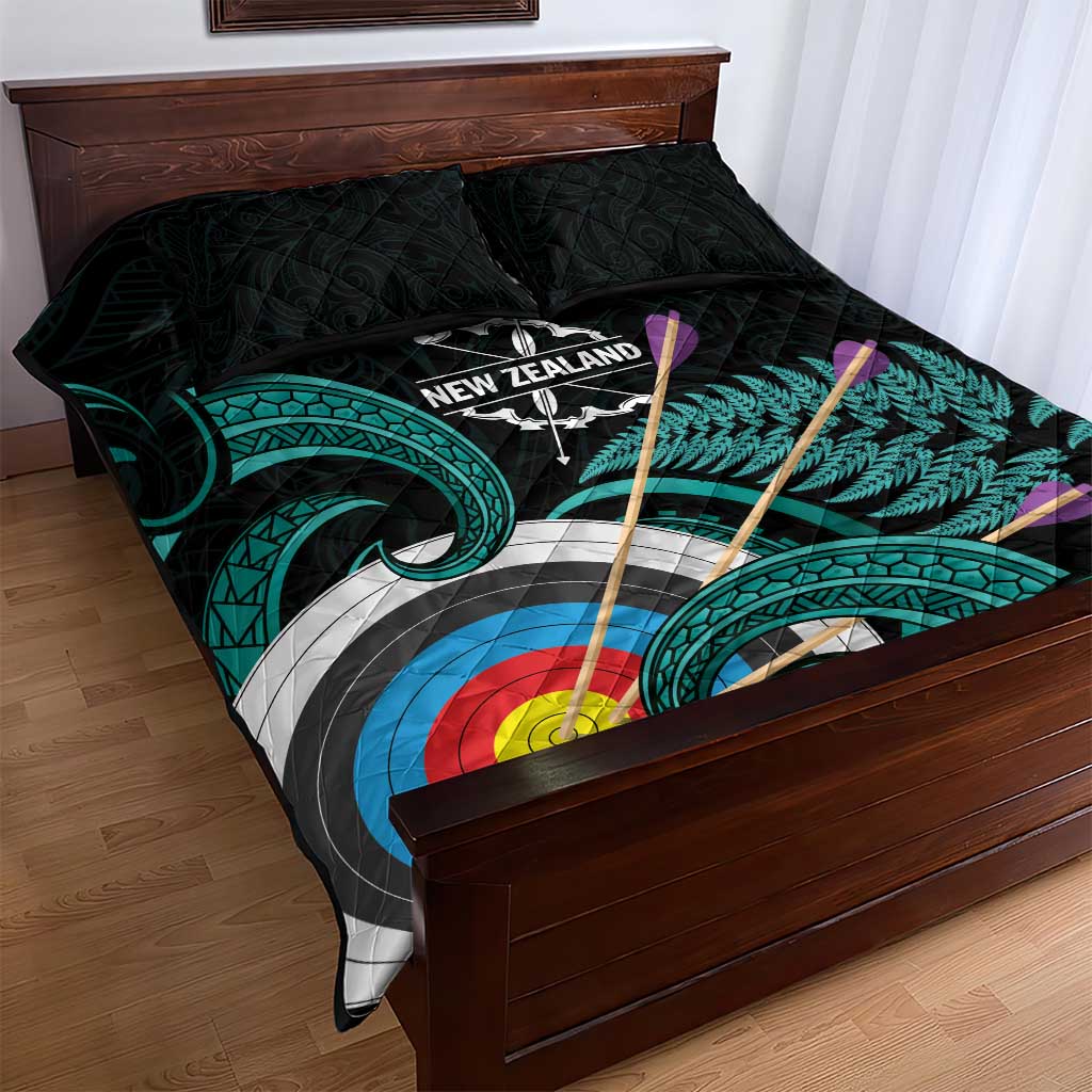 New Zealand Archery Quilt Bed Set Turquoise Maori Silver Fern