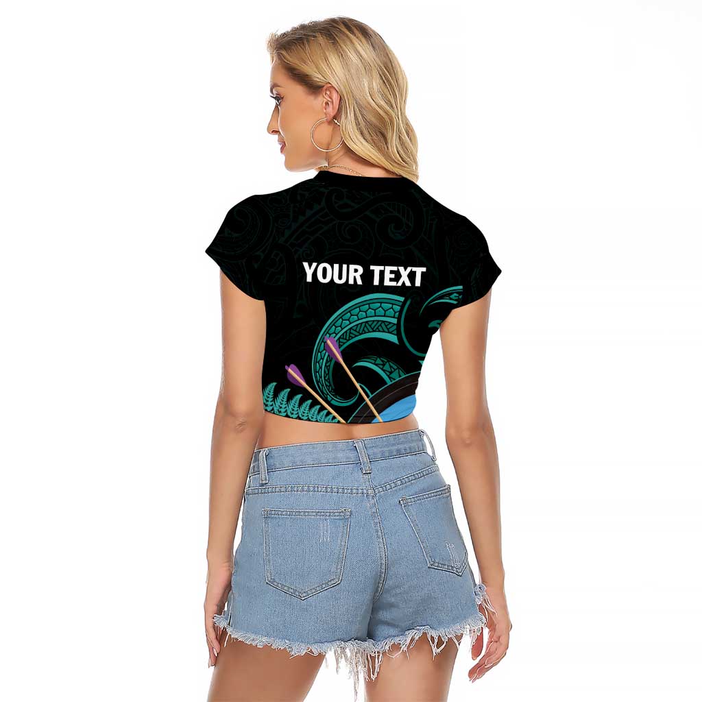 Personalised New Zealand Archery Raglan Cropped T Shirt Turquoise Maori Silver Fern