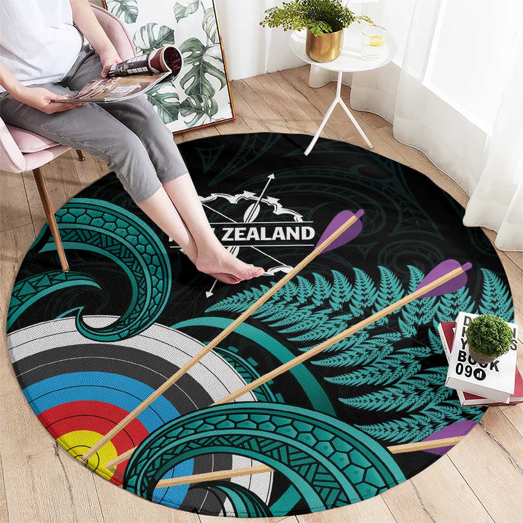 New Zealand Archery Round Carpet Turquoise Maori Silver Fern