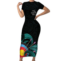 Personalised New Zealand Archery Short Sleeve Bodycon Dress Turquoise Maori Silver Fern