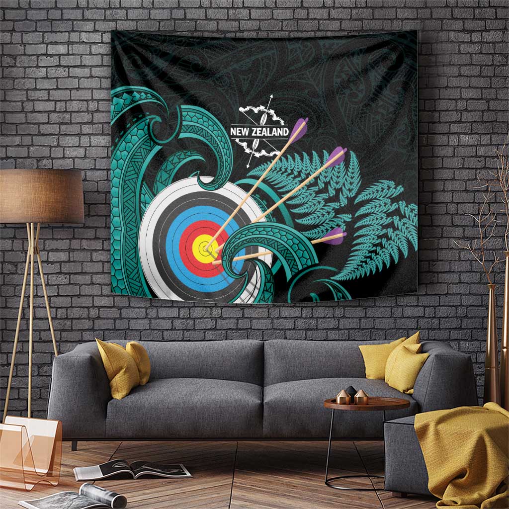 New Zealand Archery Tapestry Turquoise Maori Silver Fern