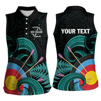 Personalised New Zealand Archery Women Sleeveless Polo Shirt Turquoise Maori Silver Fern