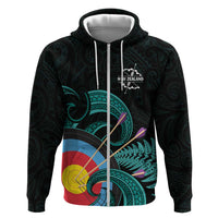 Personalised New Zealand Archery Zip Hoodie Turquoise Maori Silver Fern