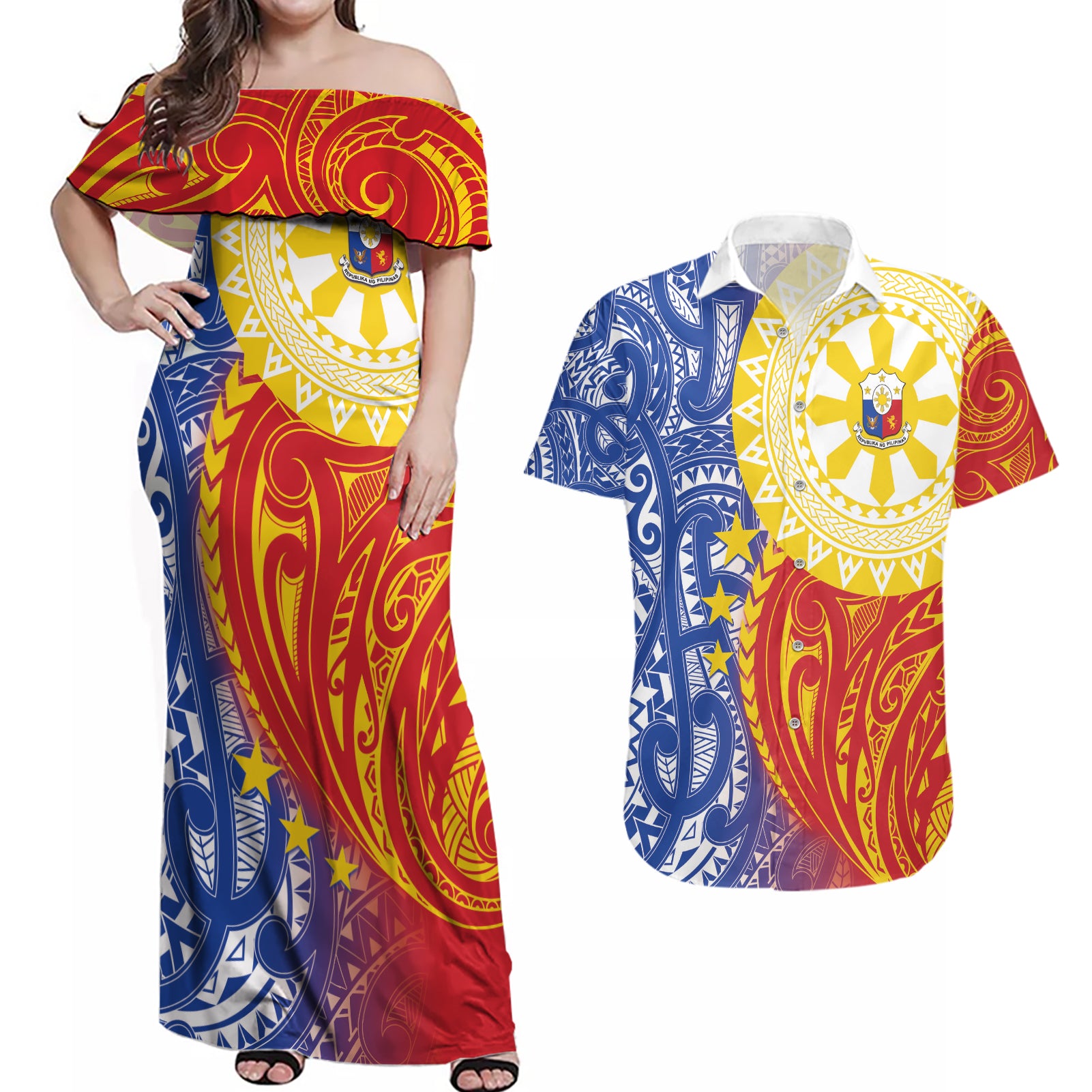 Philippines Couples Matching Off Shoulder Maxi Dress and Hawaiian Shirt Pilipinas Polynesian Pattern