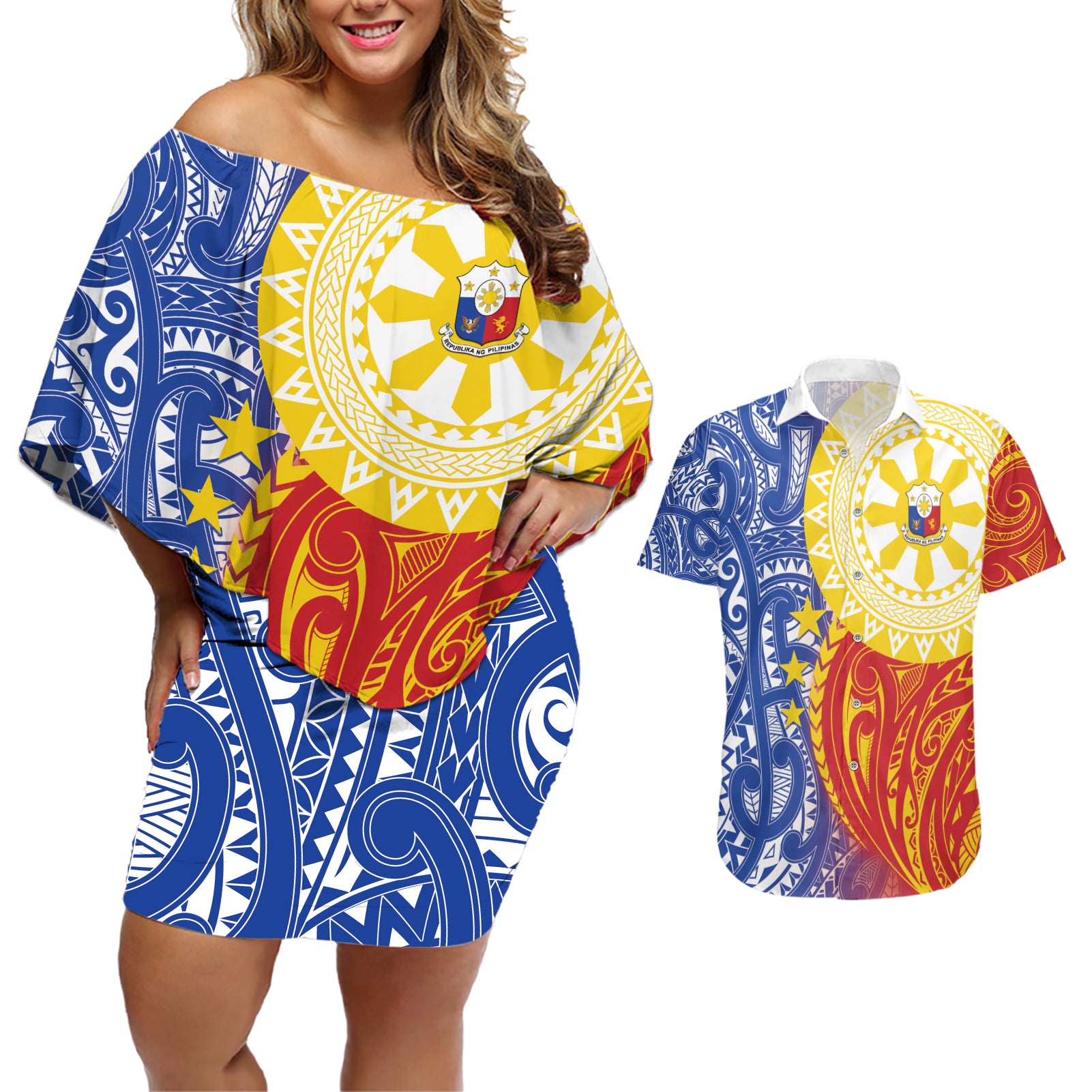 Philippines Couples Matching Off Shoulder Short Dress and Hawaiian Shirt Pilipinas Polynesian Pattern