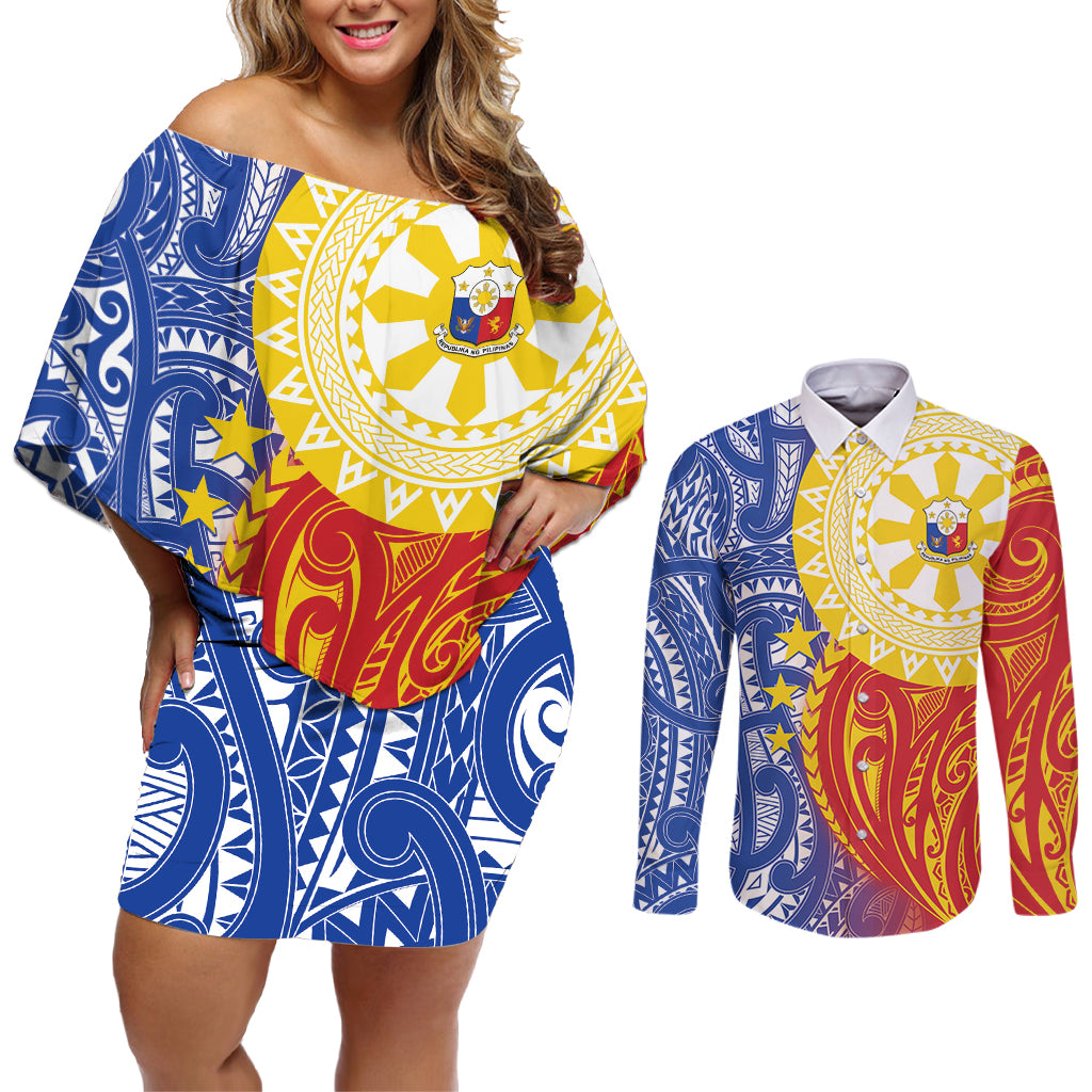 Philippines Couples Matching Off Shoulder Short Dress and Long Sleeve Button Shirt Pilipinas Polynesian Pattern