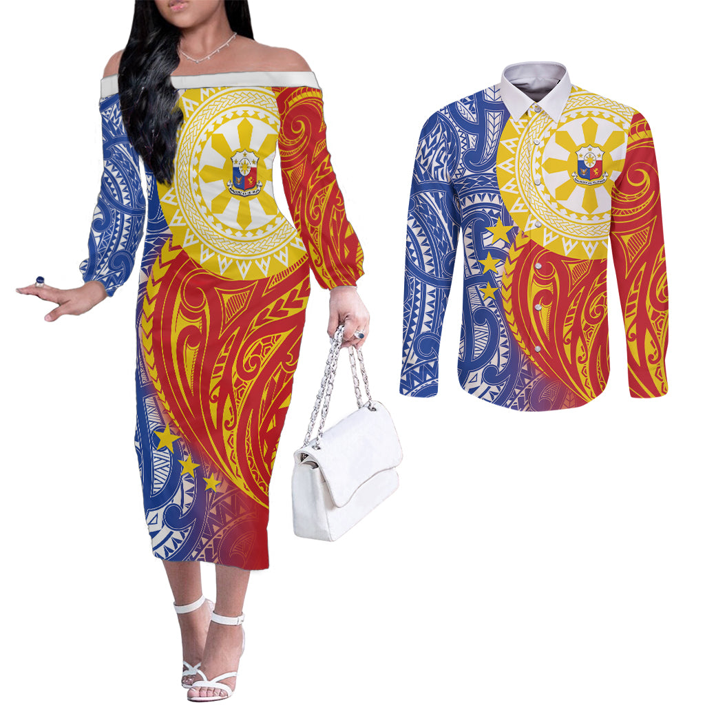 Philippines Couples Matching Off The Shoulder Long Sleeve Dress and Long Sleeve Button Shirt Pilipinas Polynesian Pattern