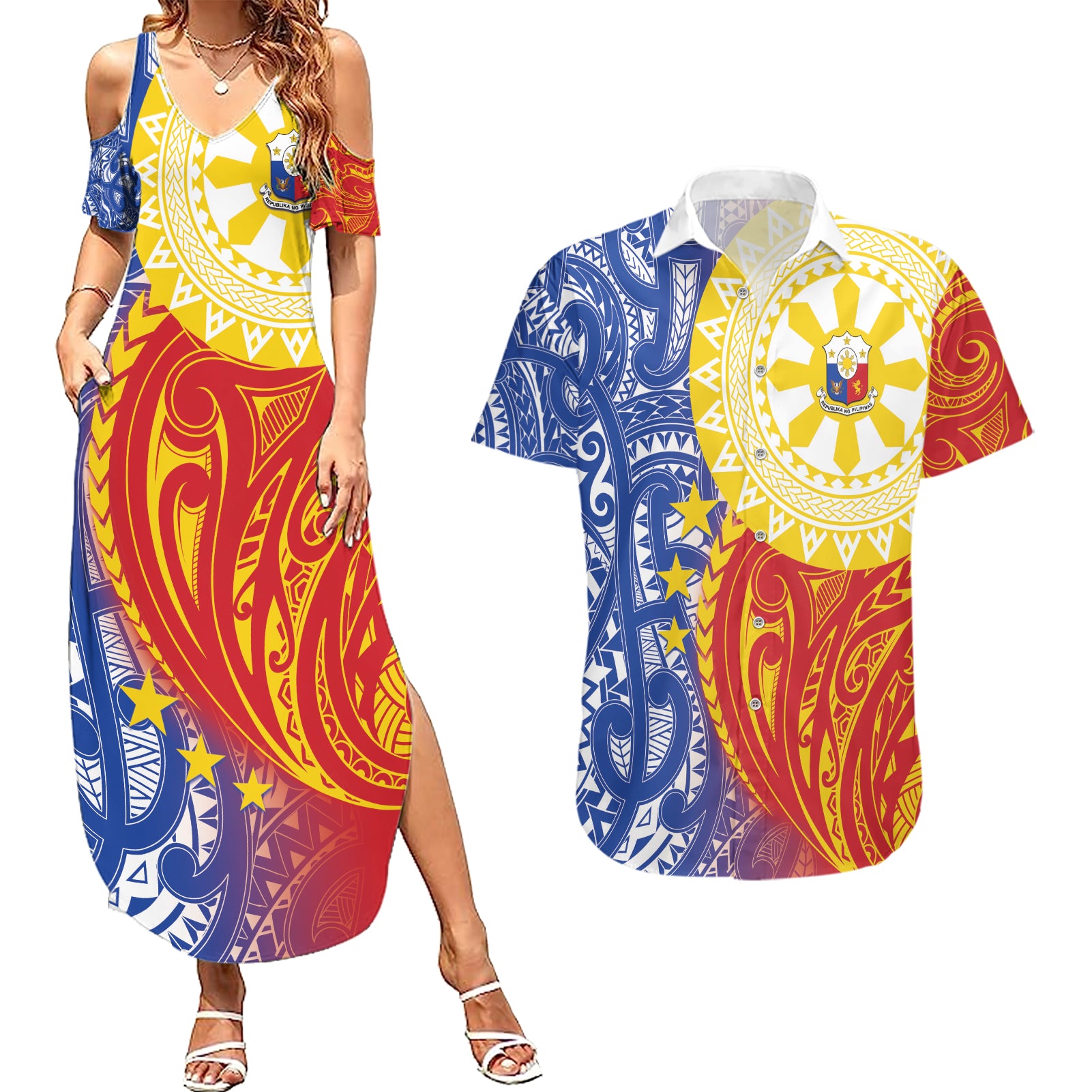 Philippines Couples Matching Summer Maxi Dress and Hawaiian Shirt Pilipinas Polynesian Pattern