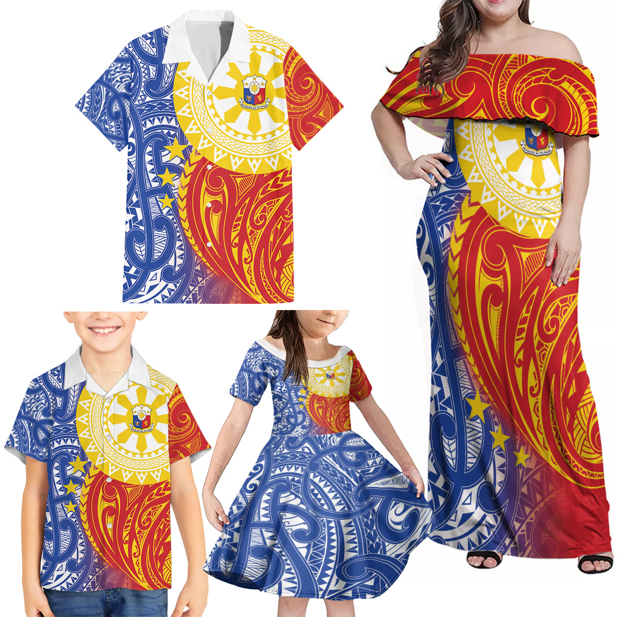 Philippines Family Matching Off Shoulder Maxi Dress and Hawaiian Shirt Pilipinas Polynesian Pattern