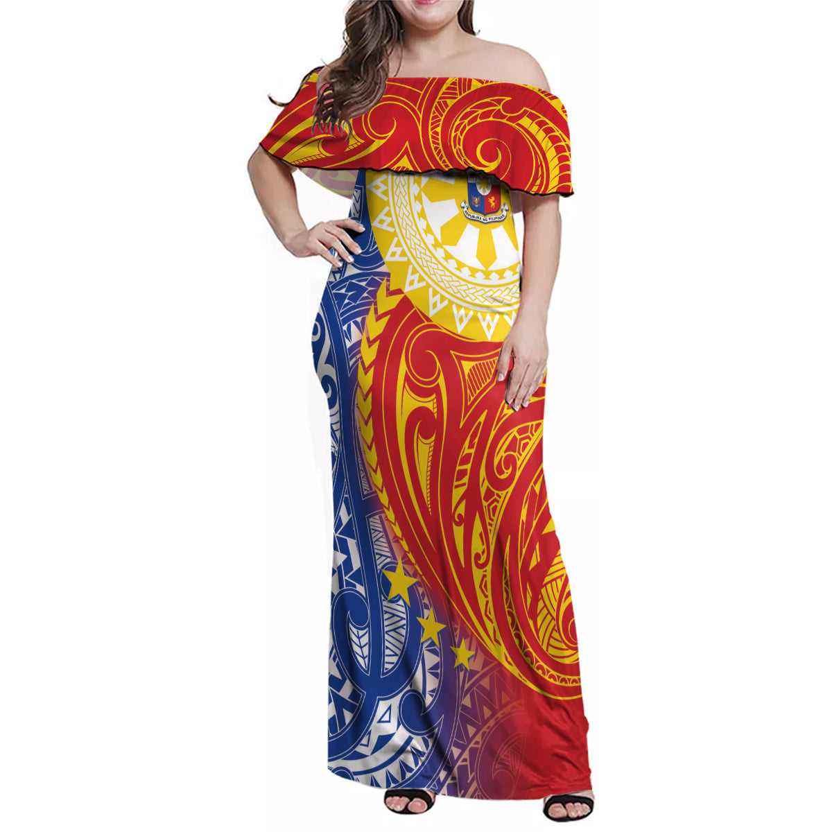 Philippines Family Matching Off Shoulder Maxi Dress and Hawaiian Shirt Pilipinas Polynesian Pattern