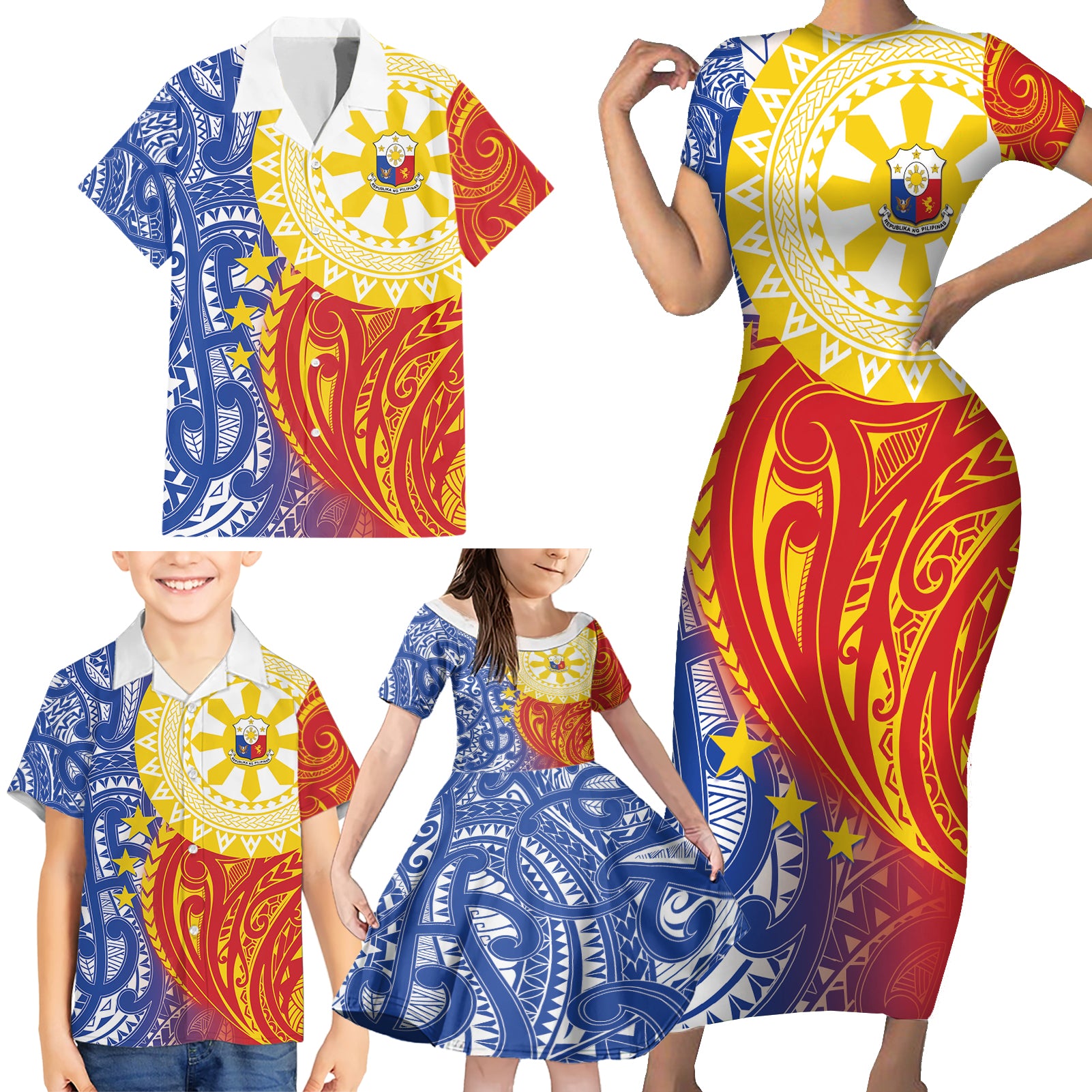 Philippines Family Matching Short Sleeve Bodycon Dress and Hawaiian Shirt Pilipinas Polynesian Pattern