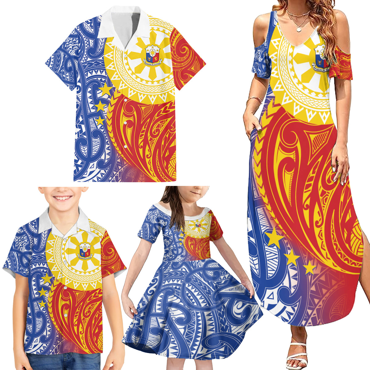 Philippines Family Matching Summer Maxi Dress and Hawaiian Shirt Pilipinas Polynesian Pattern