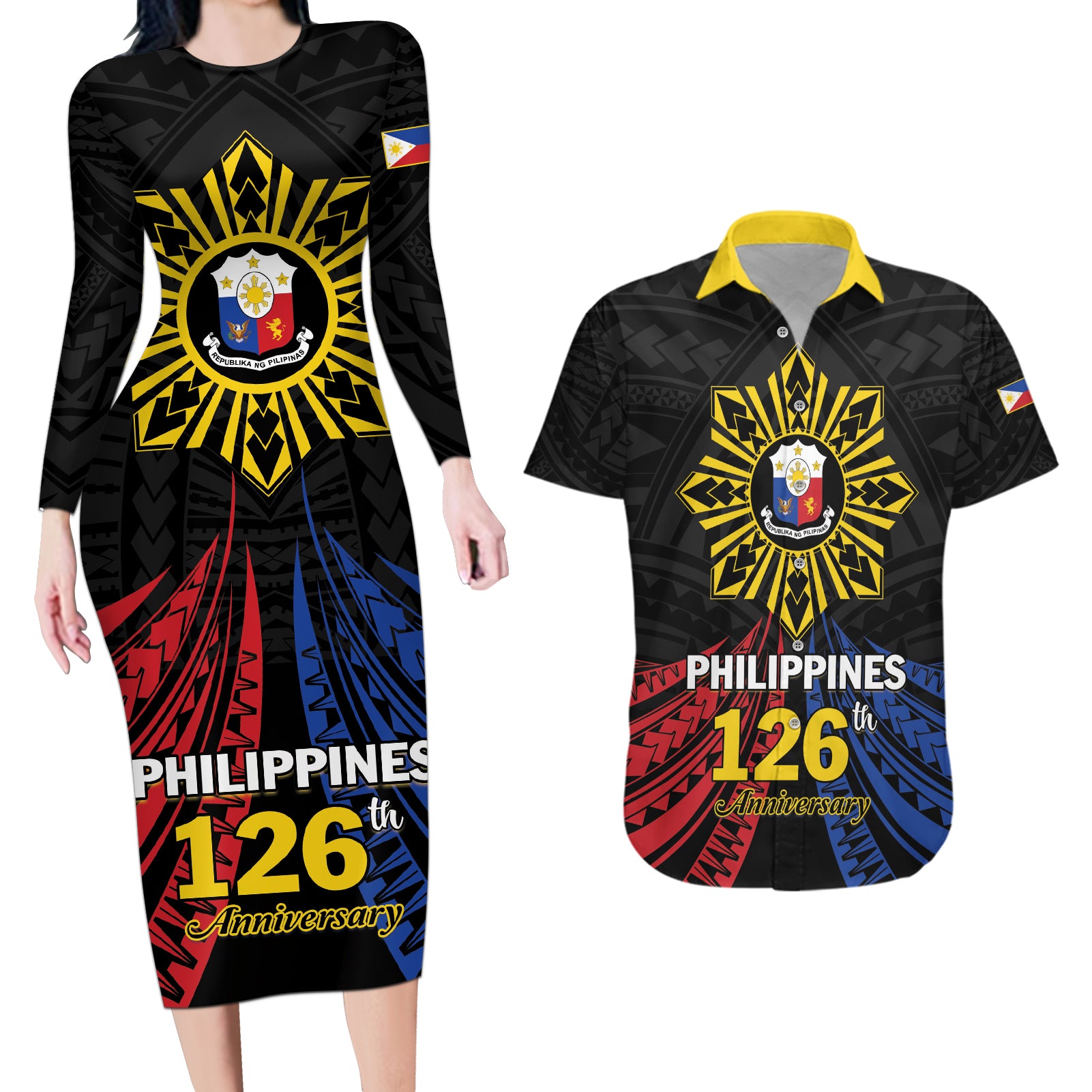 Personalized Philippines Independence Day Couples Matching Long Sleeve Bodycon Dress and Hawaiian Shirt Filipino 126th Anniversary Sun Tattoo