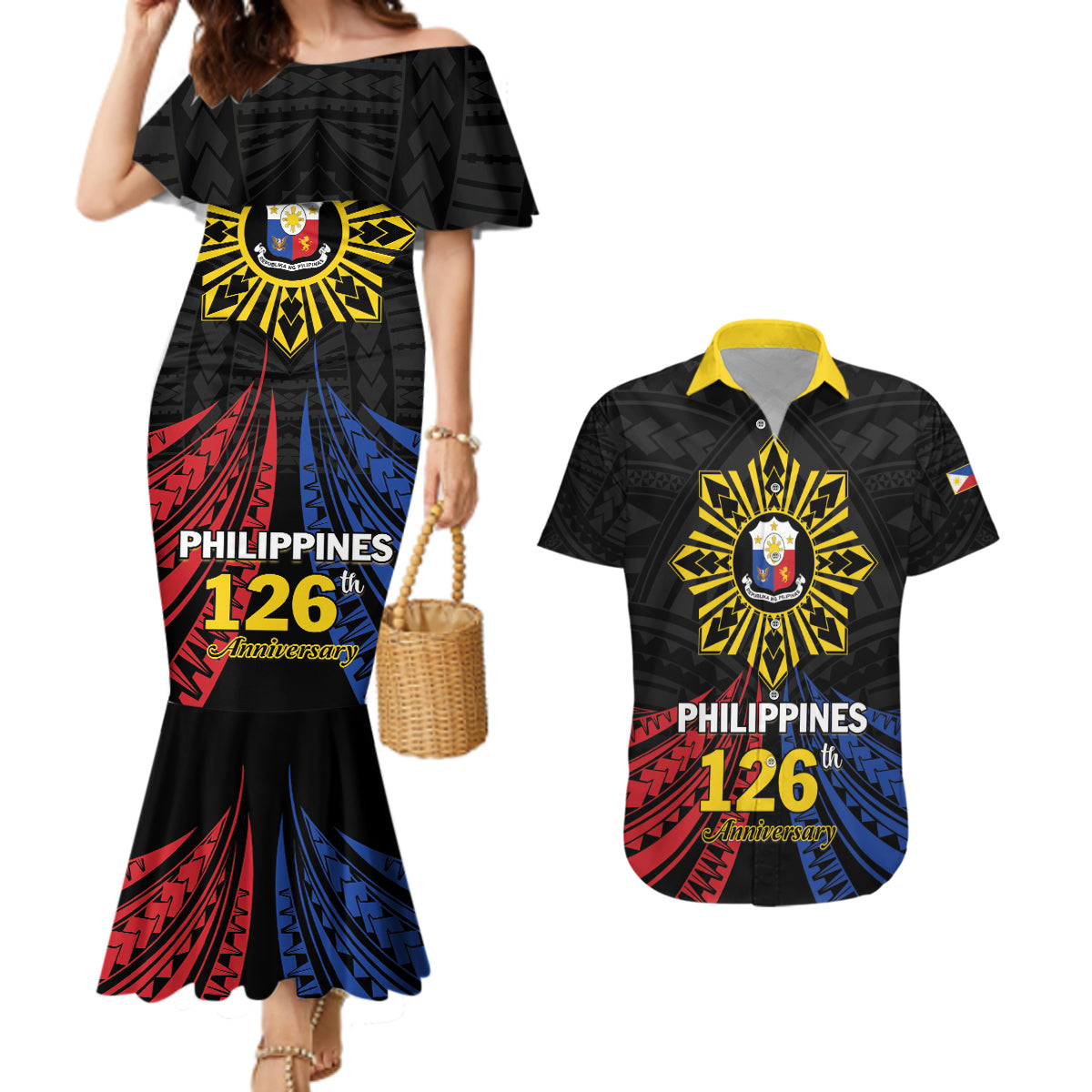 Personalized Philippines Independence Day Couples Matching Mermaid Dress and Hawaiian Shirt Filipino 126th Anniversary Sun Tattoo