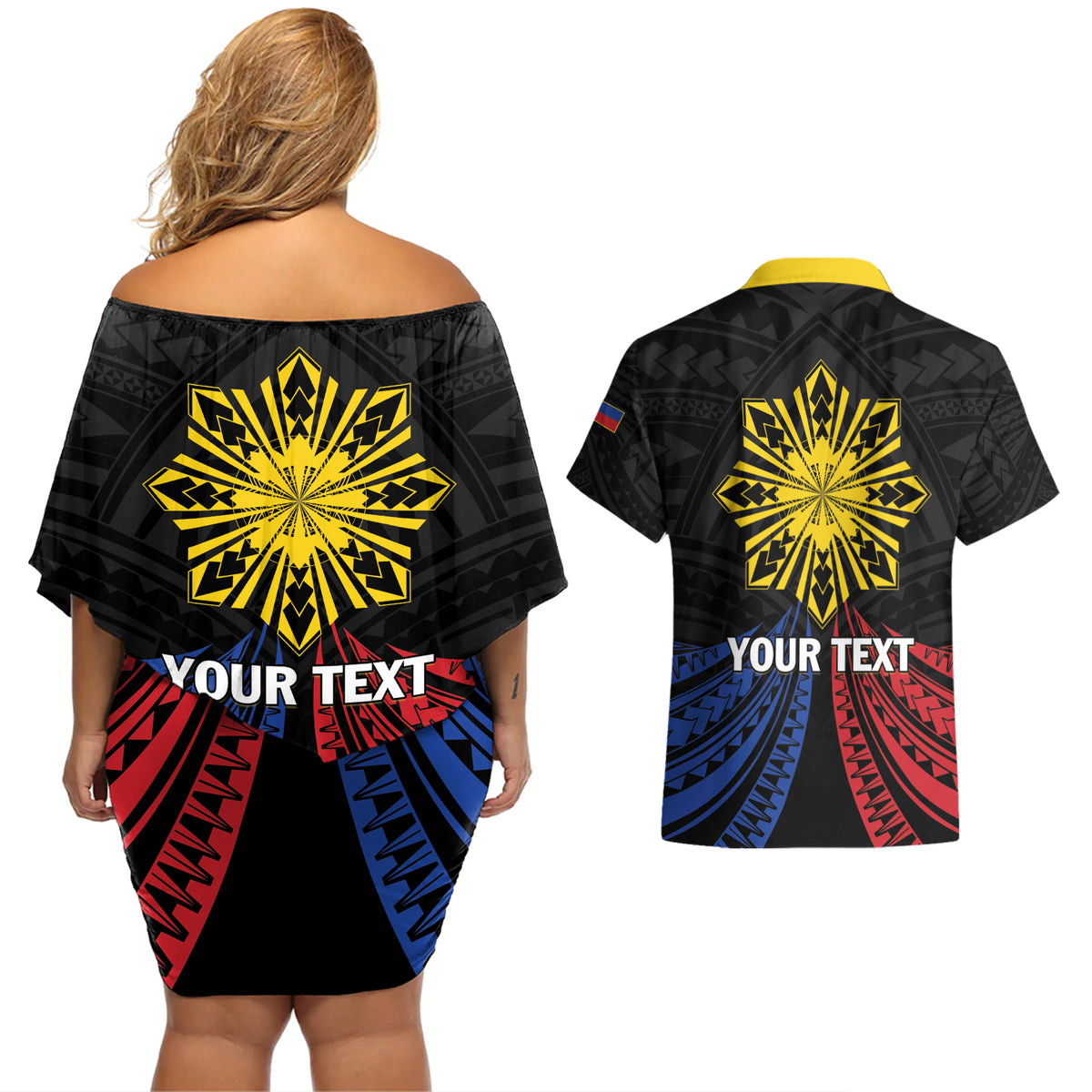 Personalized Philippines Independence Day Couples Matching Off Shoulder Short Dress and Hawaiian Shirt Filipino 126th Anniversary Sun Tattoo