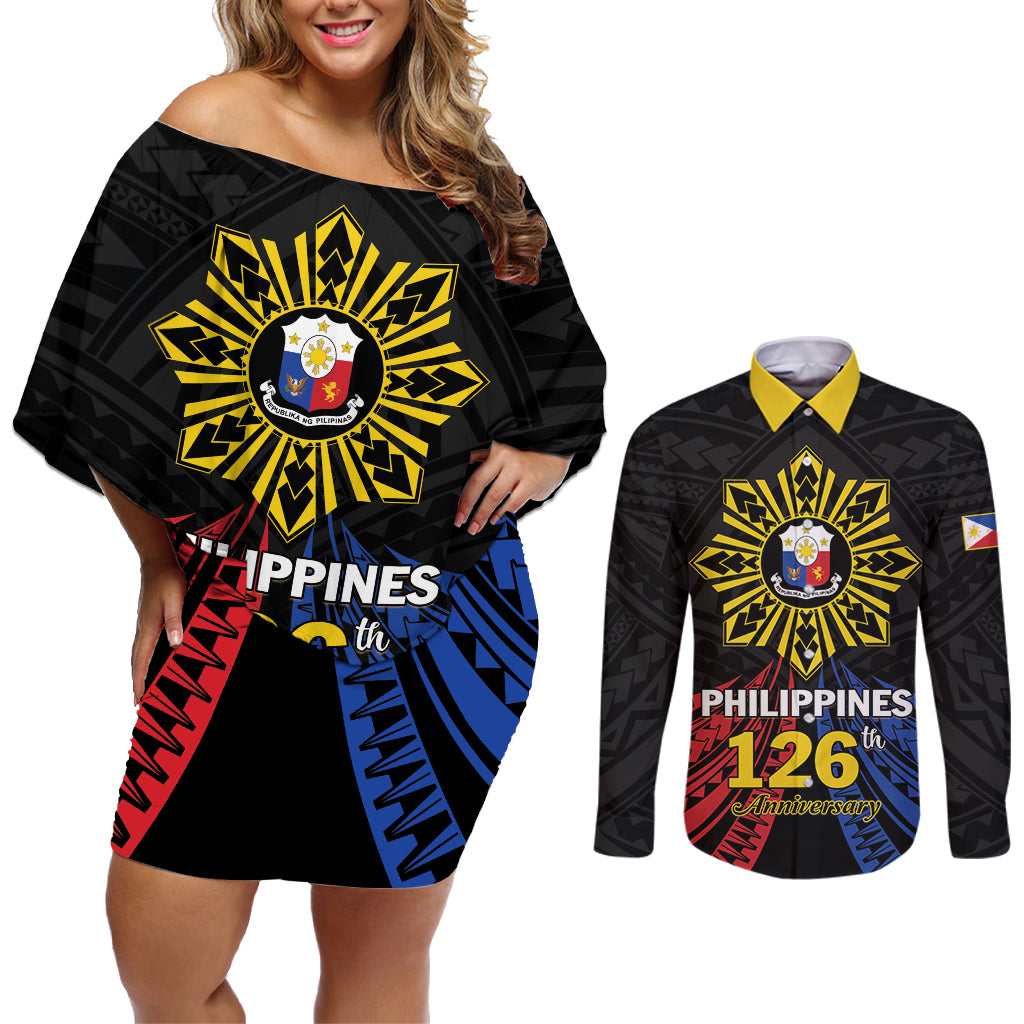 Personalized Philippines Independence Day Couples Matching Off Shoulder Short Dress and Long Sleeve Button Shirt Filipino 126th Anniversary Sun Tattoo