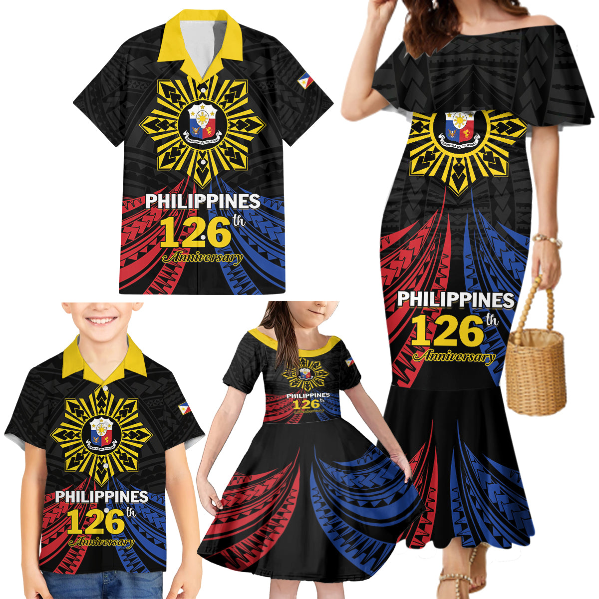 Personalized Philippines Independence Day Family Matching Mermaid Dress and Hawaiian Shirt Filipino 126th Anniversary Sun Tattoo