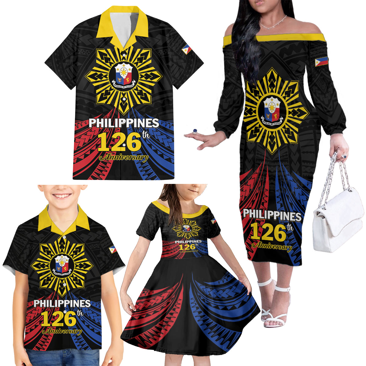 Personalized Philippines Independence Day Family Matching Off The Shoulder Long Sleeve Dress and Hawaiian Shirt Filipino 126th Anniversary Sun Tattoo