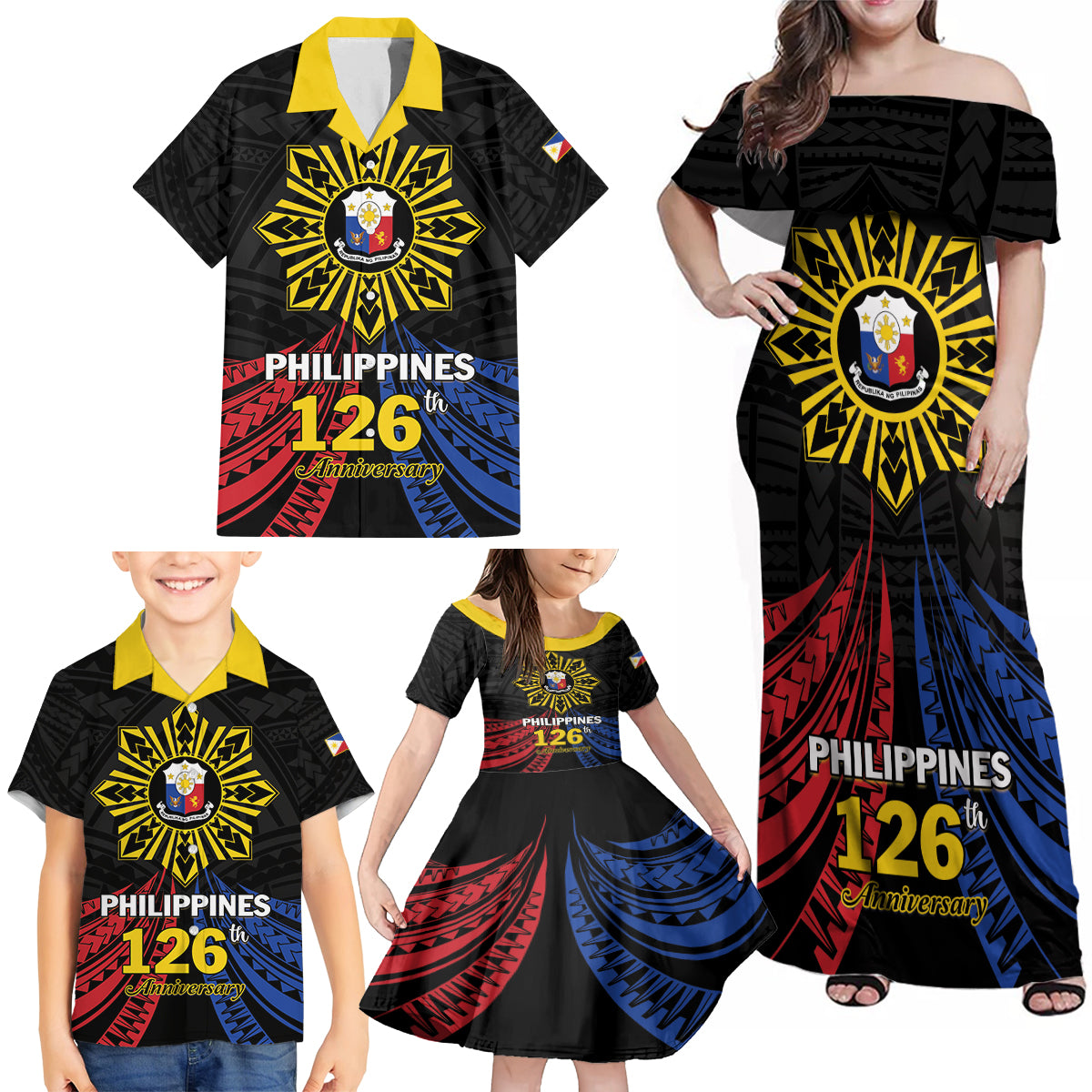 Personalized Philippines Independence Day Family Matching Off Shoulder Maxi Dress and Hawaiian Shirt Filipino 126th Anniversary Sun Tattoo