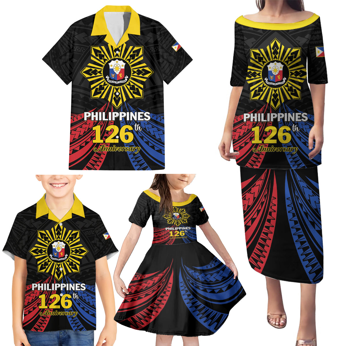 Personalized Philippines Independence Day Family Matching Puletasi and Hawaiian Shirt Filipino 126th Anniversary Sun Tattoo