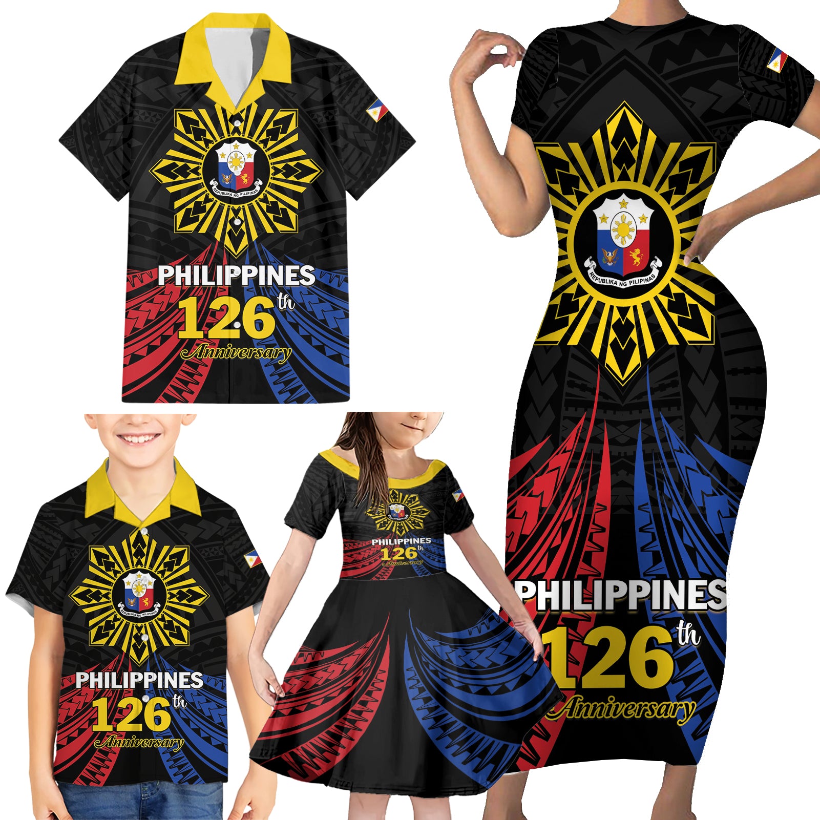 Personalized Philippines Independence Day Family Matching Short Sleeve Bodycon Dress and Hawaiian Shirt Filipino 126th Anniversary Sun Tattoo