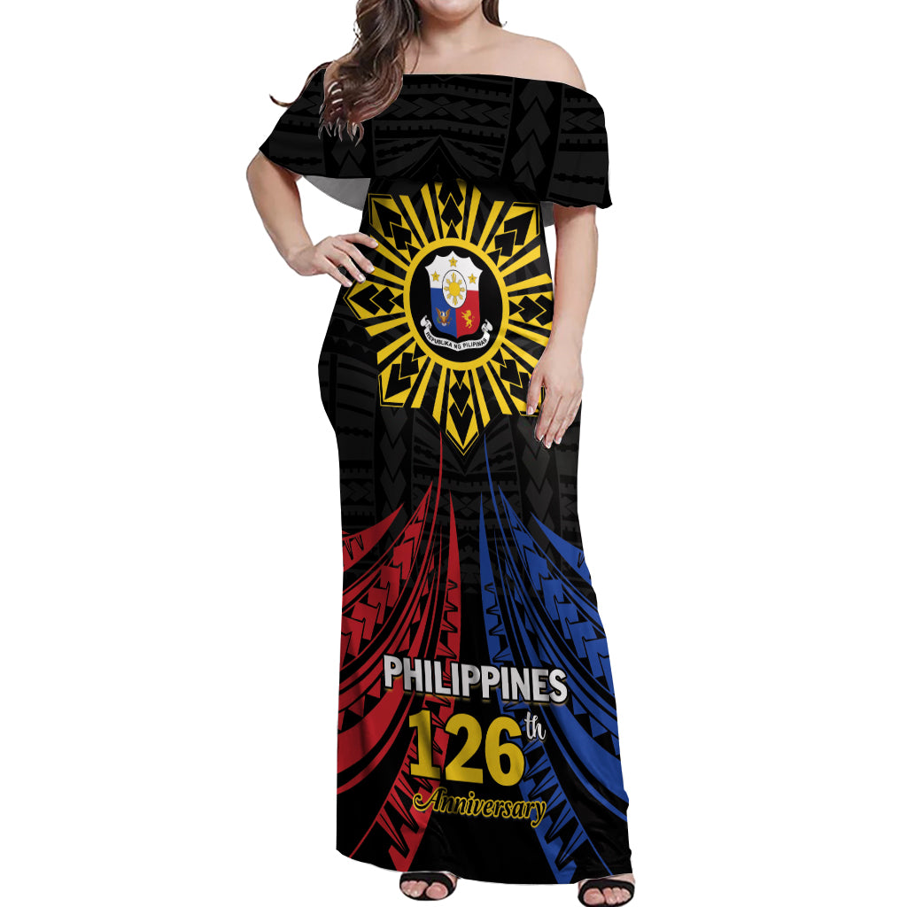 Personalized Philippines Independence Day Off Shoulder Maxi Dress Filipino 126th Anniversary Sun Tattoo