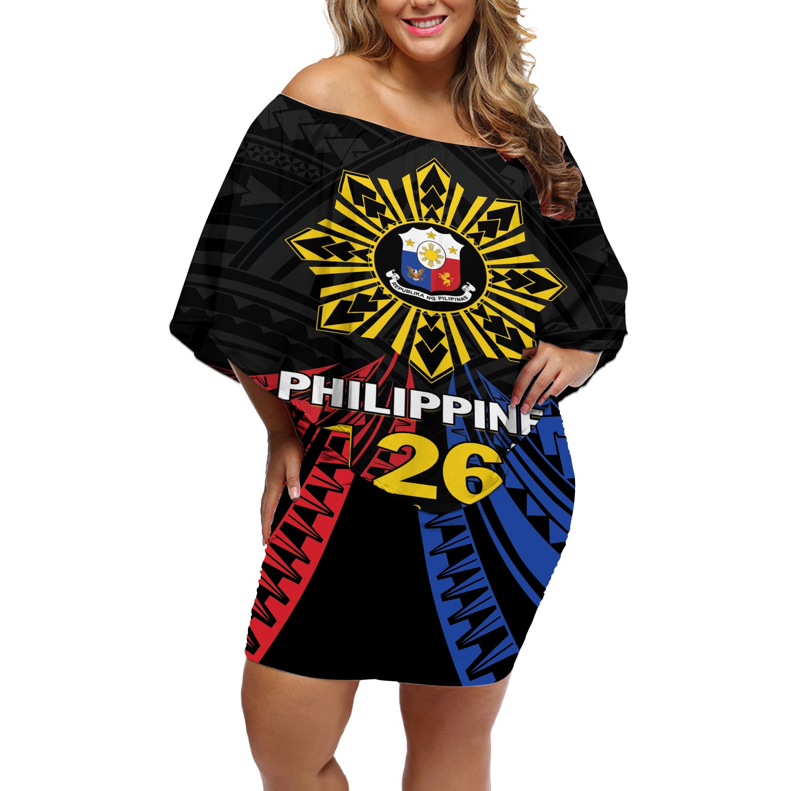 Personalized Philippines Independence Day Off Shoulder Short Dress Filipino 126th Anniversary Sun Tattoo