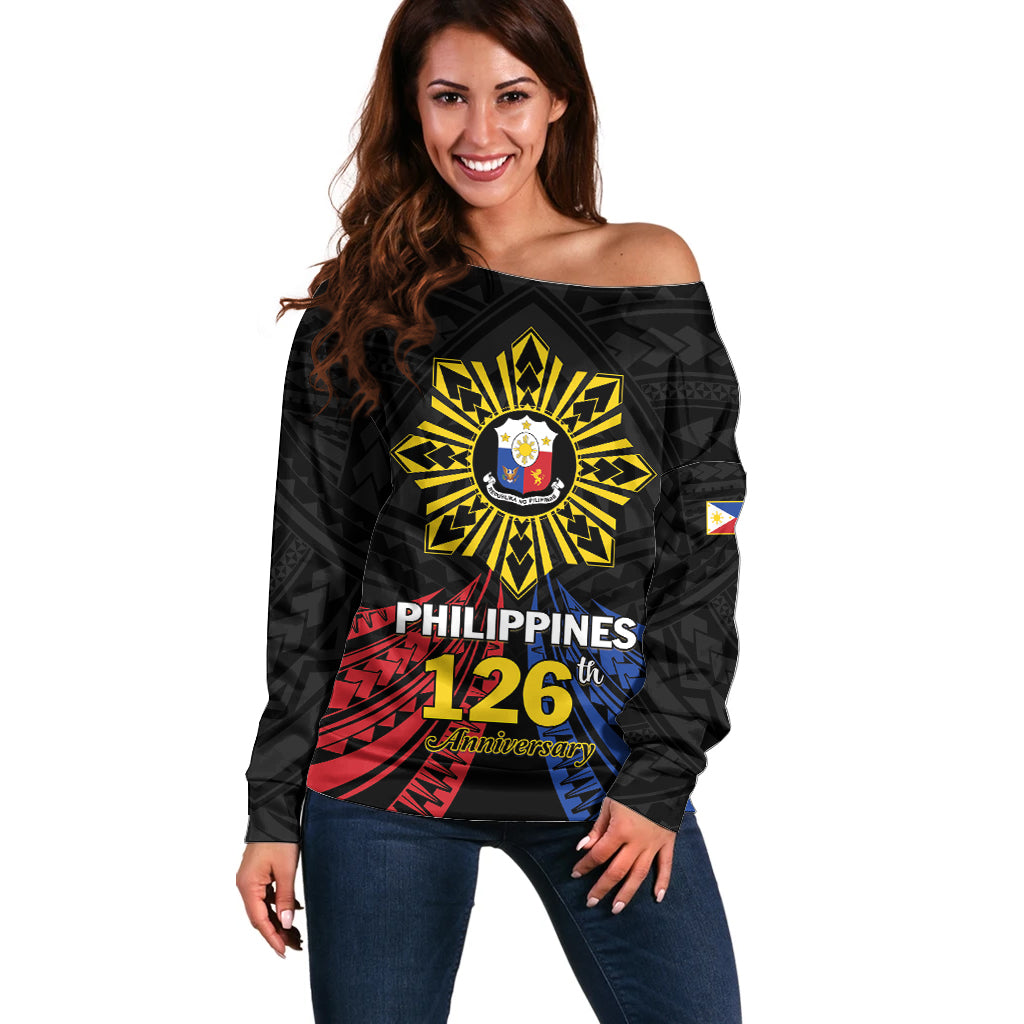 Personalized Philippines Independence Day Off Shoulder Sweater Filipino 126th Anniversary Sun Tattoo