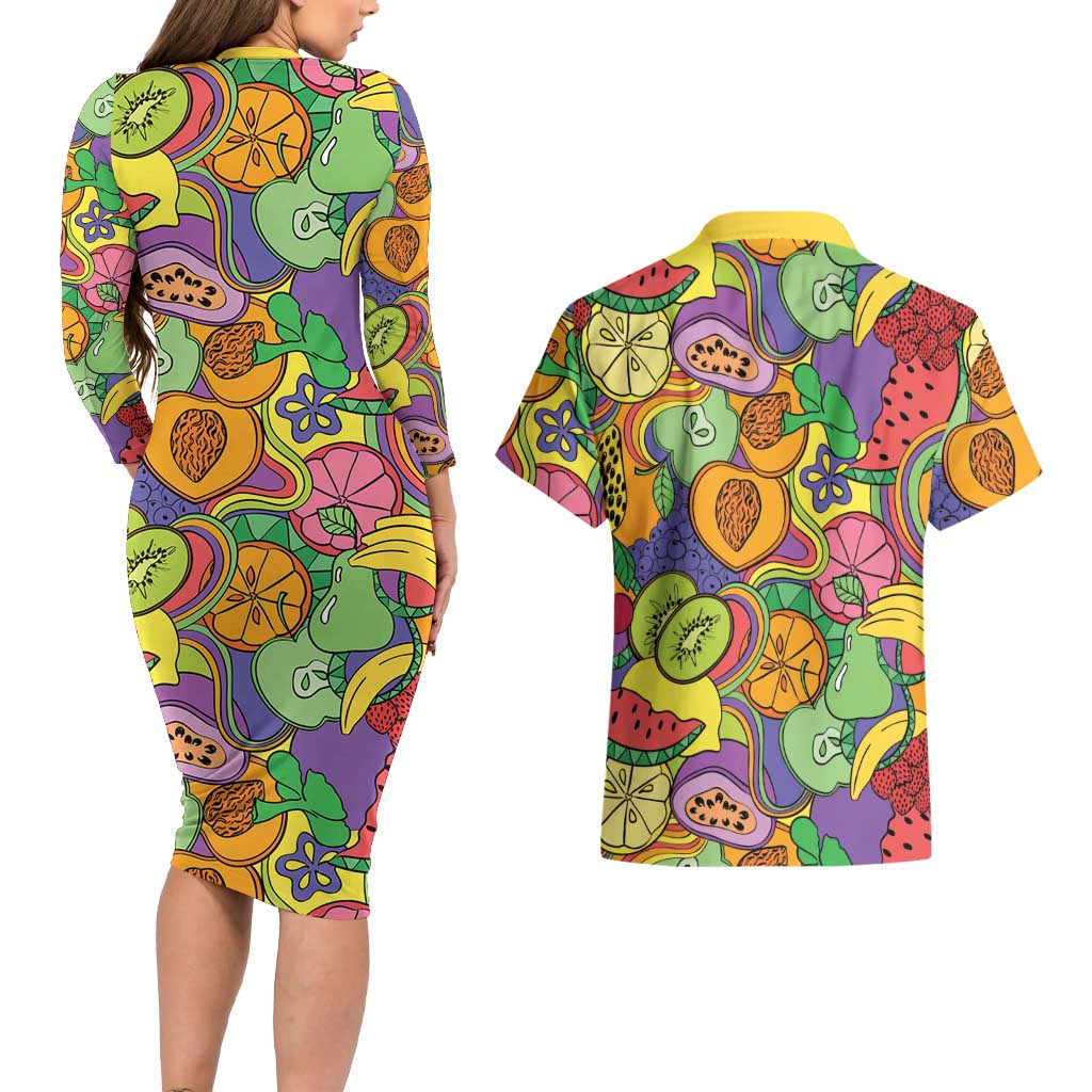 Hawaii Fruits Hippie Style Couples Matching Long Sleeve Bodycon Dress and Hawaiian Shirt Vibrant Colorful