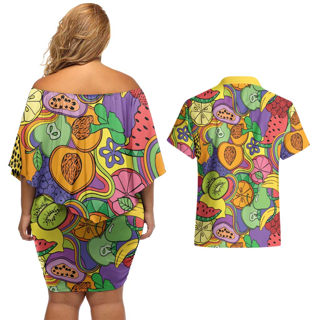 Hawaii Fruits Hippie Style Couples Matching Off Shoulder Short Dress and Hawaiian Shirt Vibrant Colorful