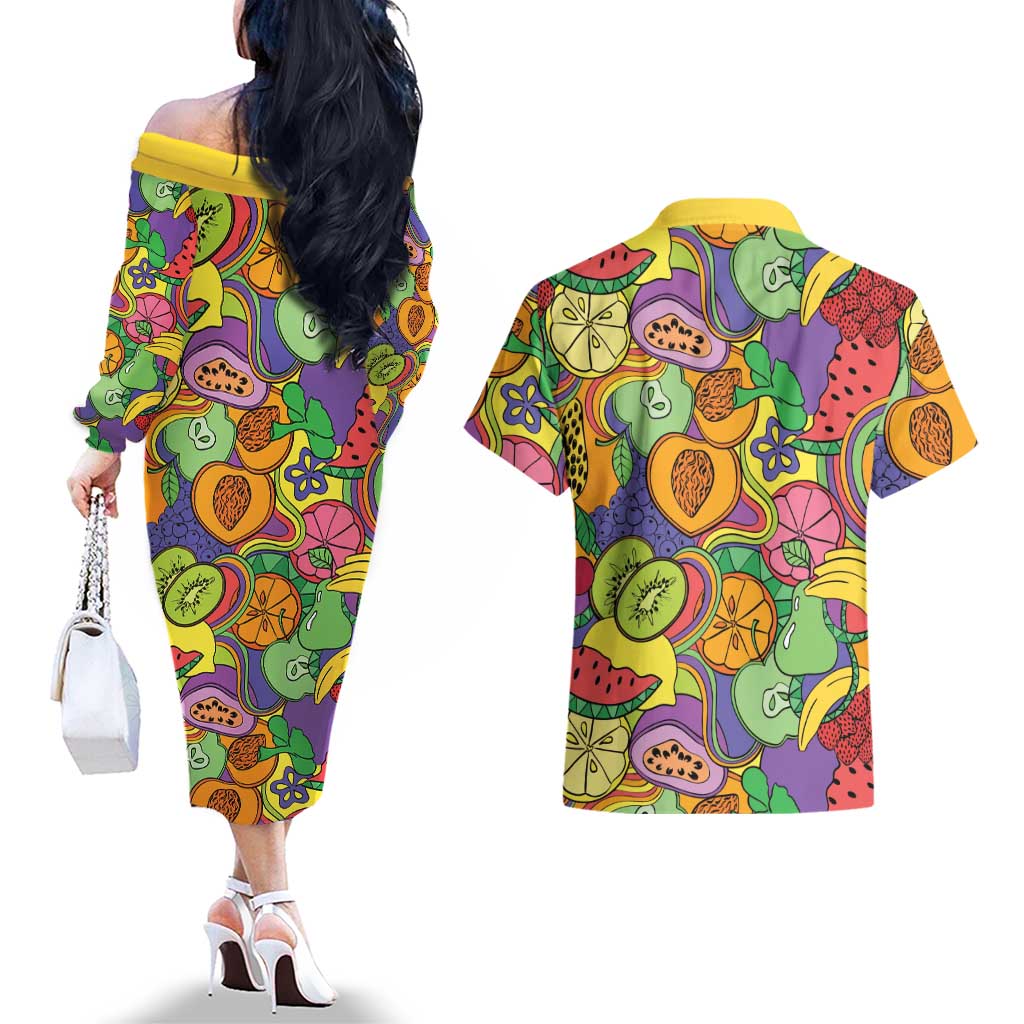 Hawaii Fruits Hippie Style Couples Matching Off The Shoulder Long Sleeve Dress and Hawaiian Shirt Vibrant Colorful