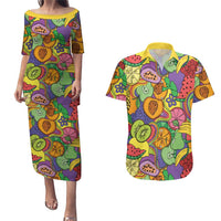 Hawaii Fruits Hippie Style Couples Matching Puletasi and Hawaiian Shirt Vibrant Colorful