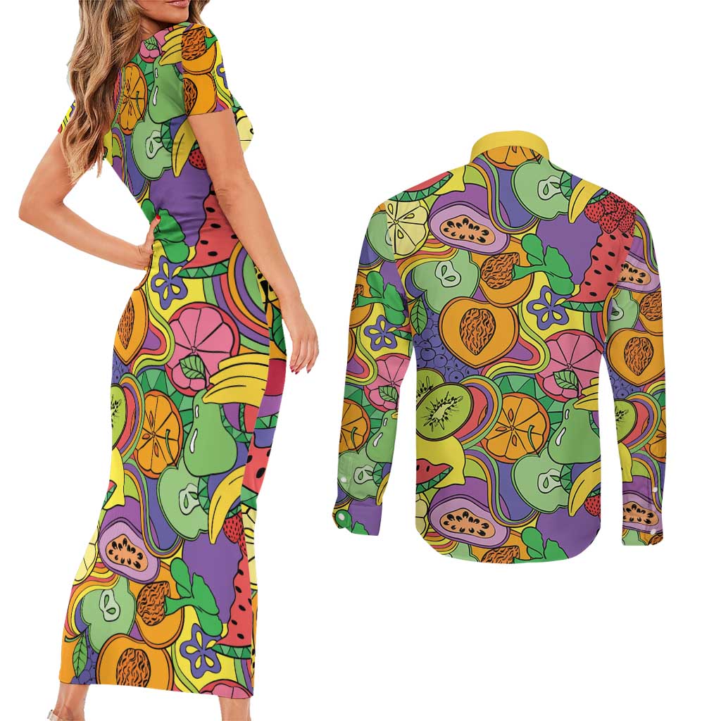 Hawaii Fruits Hippie Style Couples Matching Short Sleeve Bodycon Dress and Long Sleeve Button Shirt Vibrant Colorful