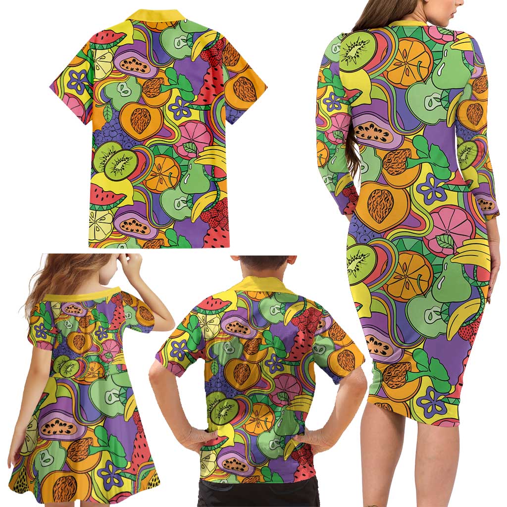 Hawaii Fruits Hippie Style Family Matching Long Sleeve Bodycon Dress and Hawaiian Shirt Vibrant Colorful