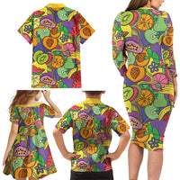 Hawaii Fruits Hippie Style Family Matching Long Sleeve Bodycon Dress and Hawaiian Shirt Vibrant Colorful