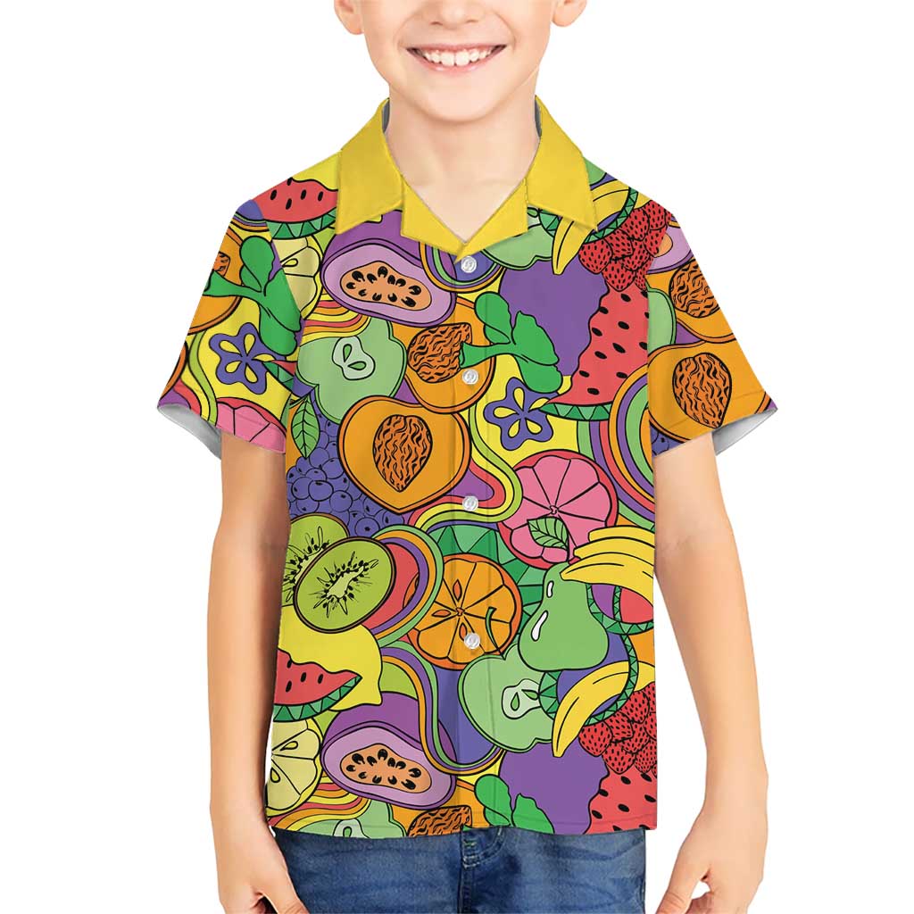 Hawaii Fruits Hippie Style Family Matching Long Sleeve Bodycon Dress and Hawaiian Shirt Vibrant Colorful