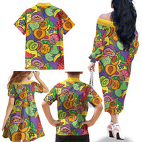 Hawaii Fruits Hippie Style Family Matching Off The Shoulder Long Sleeve Dress and Hawaiian Shirt Vibrant Colorful