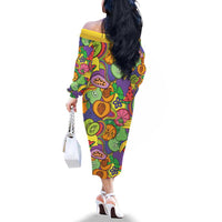 Hawaii Fruits Hippie Style Family Matching Off The Shoulder Long Sleeve Dress and Hawaiian Shirt Vibrant Colorful
